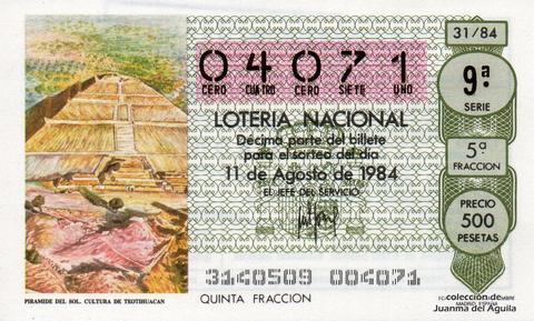 Décimo de Lotería Nacional de 1984 Sorteo 31 - PIRAMIDE DEL SOL. CULTURA DE TEOTIHUACAN