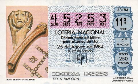 Décimo de Lotería Nacional de 1984 Sorteo 33 - FLAUTA DE HUESO. CULTURA MOCHE