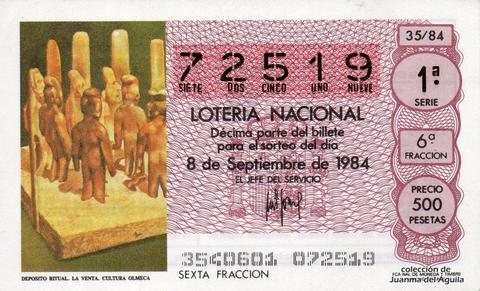Décimo de Lotería Nacional de 1984 Sorteo 35 - DEPOSITO RITUAL. LA VENTA. CULTURA OLMECA