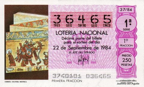 Décimo de Lotería Nacional de 1984 Sorteo 37 - CODICE. CULTURA MIXTECA