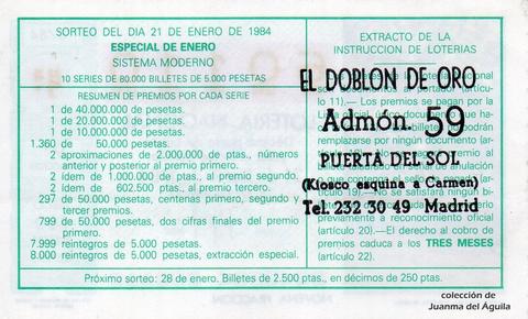 Reverso décimo de Lotería 1984 / 3