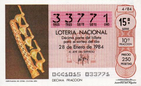 Décimo de Lotería Nacional de 1984 Sorteo 4 - EMPUÑADURA DE CETRO. CULTURA SINU
