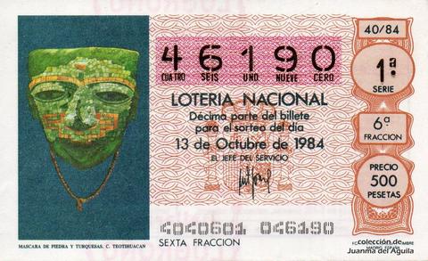 Décimo de Lotería Nacional de 1984 Sorteo 40 - MASCARA DE PIEDRA Y TURQUESAS. CULTURA DE TEOTIHUACAN