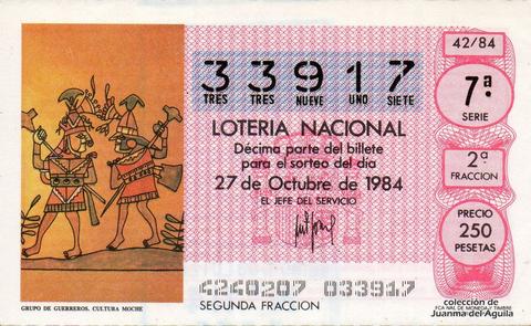 Décimo de Lotería Nacional de 1984 Sorteo 42 - GRUPO DE GUERREROS. CULTURA MOCHE