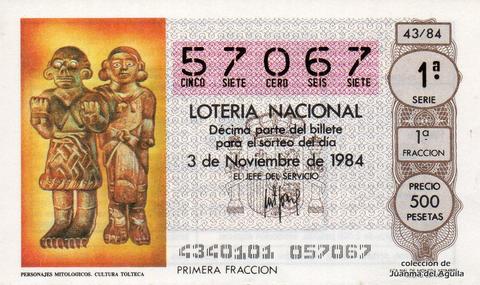 Décimo de Lotería Nacional de 1984 Sorteo 43 - PERSONAJES MITOLOGICOS. CULTURA TOLTECA
