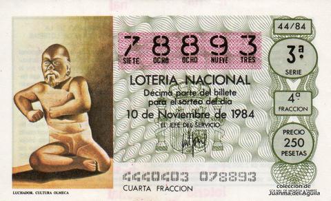 Décimo de Lotería Nacional de 1984 Sorteo 44 - LUCHADOR. CULTURA OLMECA