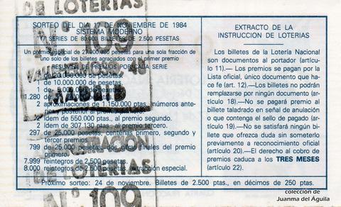 Reverso décimo de Lotería 1984 / 45