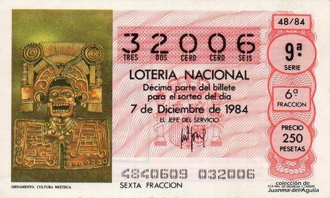 Décimo de Lotería Nacional de 1984 Sorteo 48 - ORNAMENTO. CULTURA MIXTECA