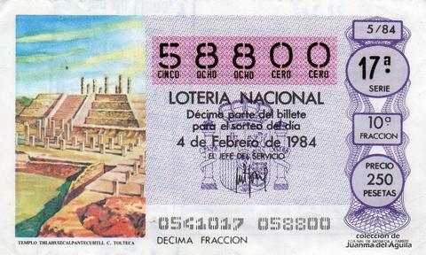 Décimo de Lotería Nacional de 1984 Sorteo 5 - TEMPLO DE THLAHUIZCALPANTECUHTLI. CULTURA TOLTECA