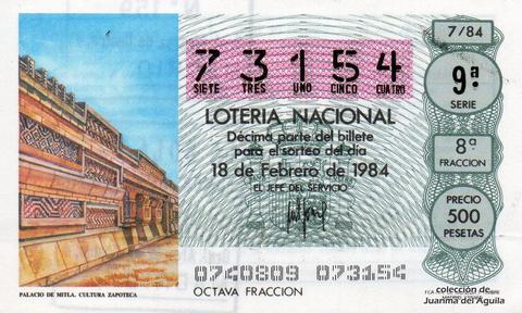 Décimo de Lotería Nacional de 1984 Sorteo 7 - PALACIO DE MITLA. CULTURA ZAPOTECA