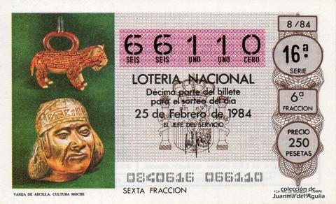 Décimo de Lotería Nacional de 1984 Sorteo 8 - VASIJA DE ARCILLA. CULTURA MOCHE
