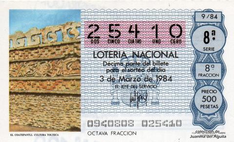 Décimo de Lotería Nacional de 1984 Sorteo 9 - EL COATEPANTLI. CULTURA TOLTECA
