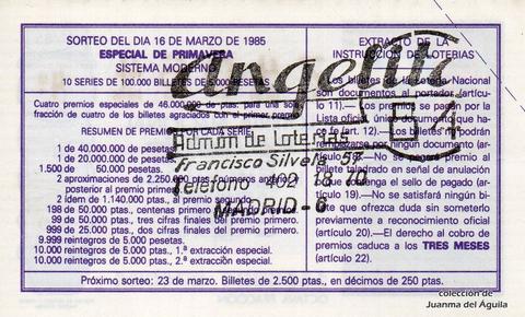 Reverso décimo de Lotería 1985 / 11