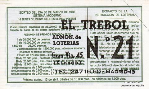 Reverso décimo de Lotería 1985 / 13