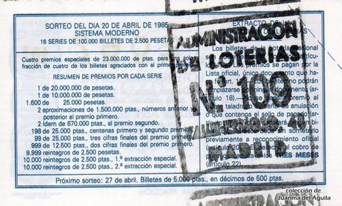 Reverso décimo de Lotería 1985 / 15