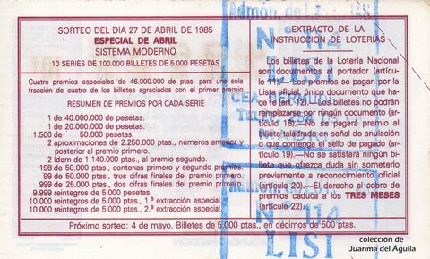 Reverso décimo de Lotería 1985 / 16