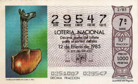 Décimo de Lotería Nacional de 1985 Sorteo 2 - CUCHILLO EN FORMA DE LLAMA. CULTURA INCA
