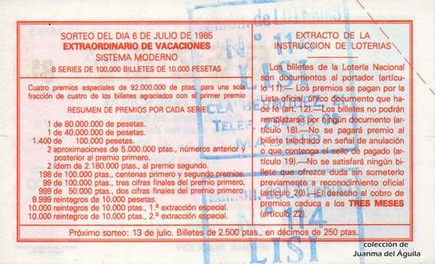 Reverso décimo de Lotería 1985 / 26