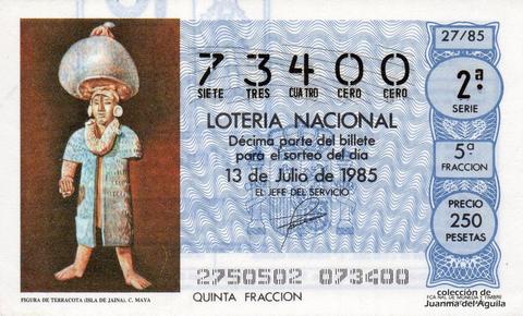 Décimo de Lotería Nacional de 1985 Sorteo 27 - FIGURA DE TERRACOTA (ISLA DE JAINA). CULTURA MAYA