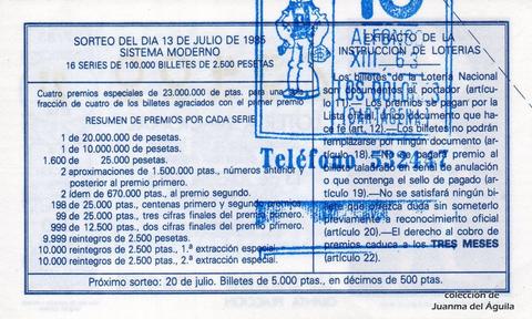 Reverso décimo de Lotería 1985 / 27