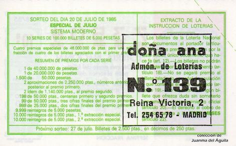 Reverso décimo de Lotería 1985 / 28