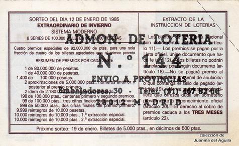 Reverso décimo de Lotería 1985 / 2