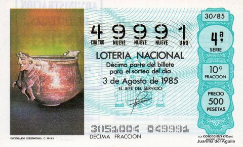 Décimo de Lotería Nacional de 1985 Sorteo 30 - INCENSARIO CEREMONIAL CULTURA MAYA