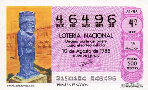 Décimo de Lotería Nacional de 1985 Sorteo 31 - ESCULTURA DE TIAHUANAO. CULTURA INCA