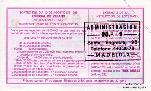 Reverso décimo de Lotería 1985 / 31