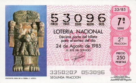 Décimo de Lotería Nacional de 1985 Sorteo 33 - COATLICUE, DIOSA DE LA TIERRA. CULTURA AZTECA