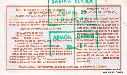 Reverso décimo de Lotería 1985 / 34