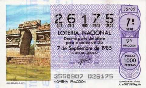 Décimo de Lotería Nacional de 1985 Sorteo 35 - ARCO DE LABNA. CULTURA MAYA