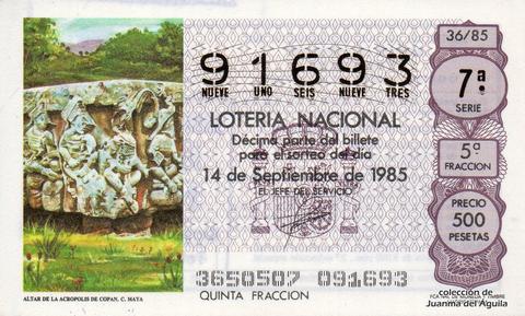 Décimo de Lotería Nacional de 1985 Sorteo 36 - ALTAR DE LA ACROPOLIS DE COPAN. CULTURA MAYA