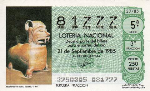 Décimo de Lotería Nacional de 1985 Sorteo 37 - RECIPIENTE CON FORMA DE PUMA. CULTURA INCA
