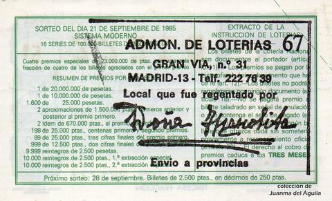 Reverso décimo de Lotería 1985 / 37