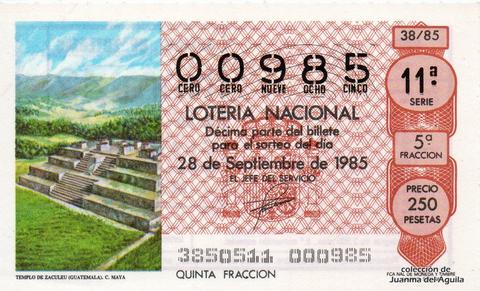Décimo de Lotería Nacional de 1985 Sorteo 38 - TEMPLO DE ZACULEU (GUATEMALA). CULTURA MAYA