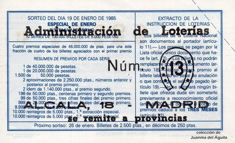 Reverso décimo de Lotería 1985 / 3