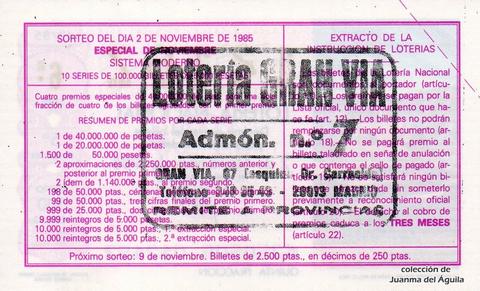 Reverso décimo de Lotería 1985 / 43
