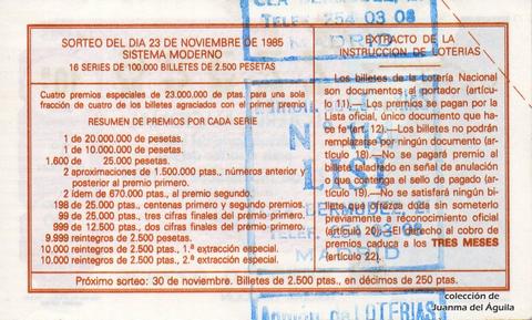 Reverso décimo de Lotería 1985 / 46
