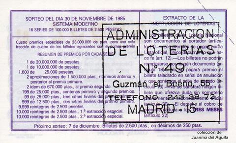 Reverso décimo de Lotería 1985 / 47