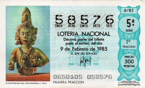 Décimo de Lotería Nacional de 1985 Sorteo 6 - EL JOVEN DIOS DEL MAIZ. COPAN (HONDURAS). CULTURA MAYA