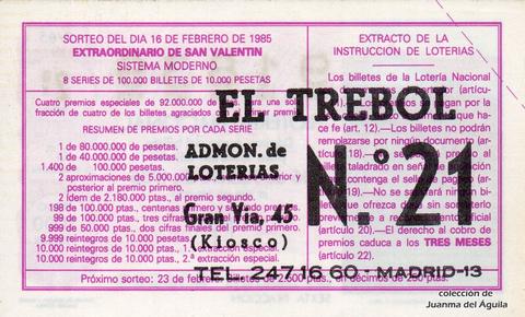 Reverso décimo de Lotería 1985 / 7