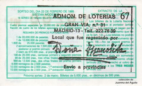 Reverso décimo de Lotería 1985 / 8