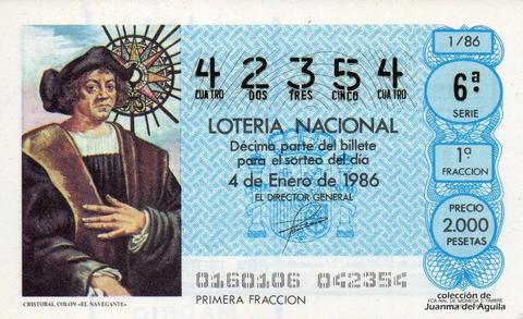 Décimo de Lotería Nacional de 1986 Sorteo 1 - CRISTOBAL COLON «EL NAVEGANTE»