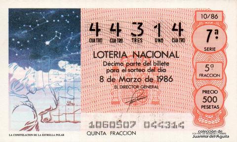 Décimo de Lotería Nacional de 1986 Sorteo 10 - LA CONSTELACION DE LA ESTRELLA POLAR