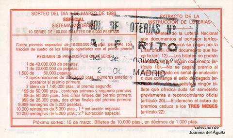 Reverso décimo de Lotería 1986 / 10