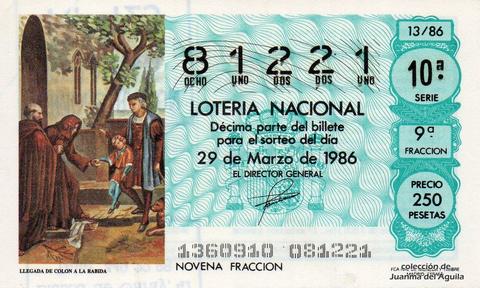 Décimo de Lotería Nacional de 1986 Sorteo 13 - LLEGADA DE COLON A LA RABIDA