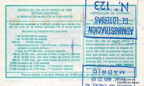 Reverso del décimo de Lotería Nacional de 1986 Sorteo 13