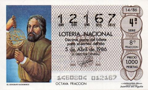 Décimo de Lotería Nacional de 1986 Sorteo 14 - EL GEOGRAFO SACROBOSCO