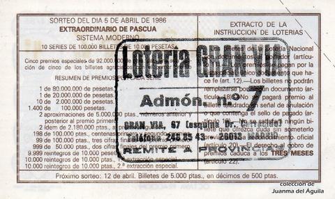 Reverso del décimo de Lotería Nacional de 1986 Sorteo 14